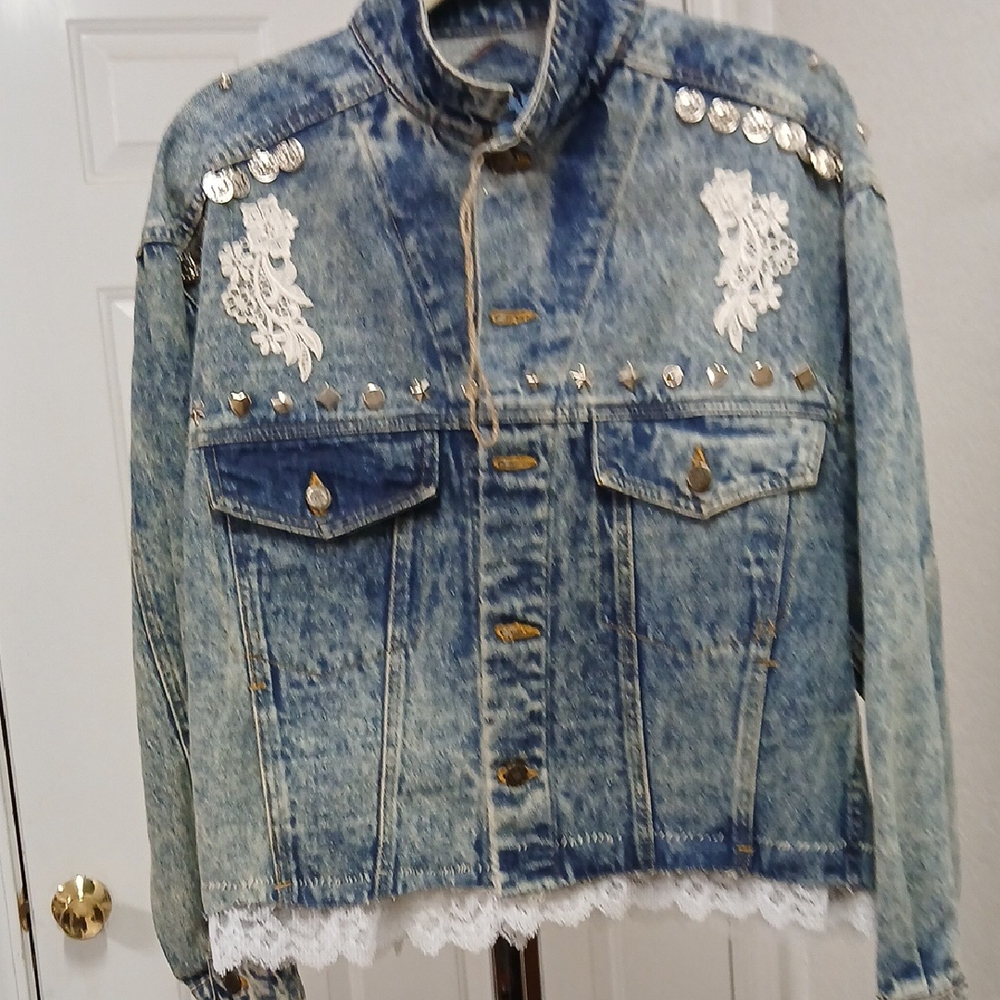 Embellished Denim Jacket with Lace Trim